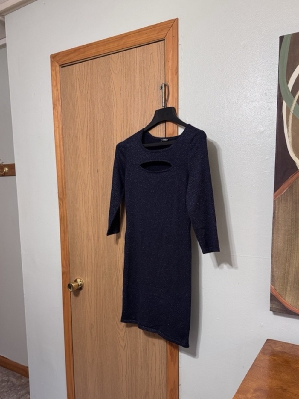 Express Medium Metallic Blue Long Sleeve 3/4 Sleeve Bodycon Dress w/Front Cutout